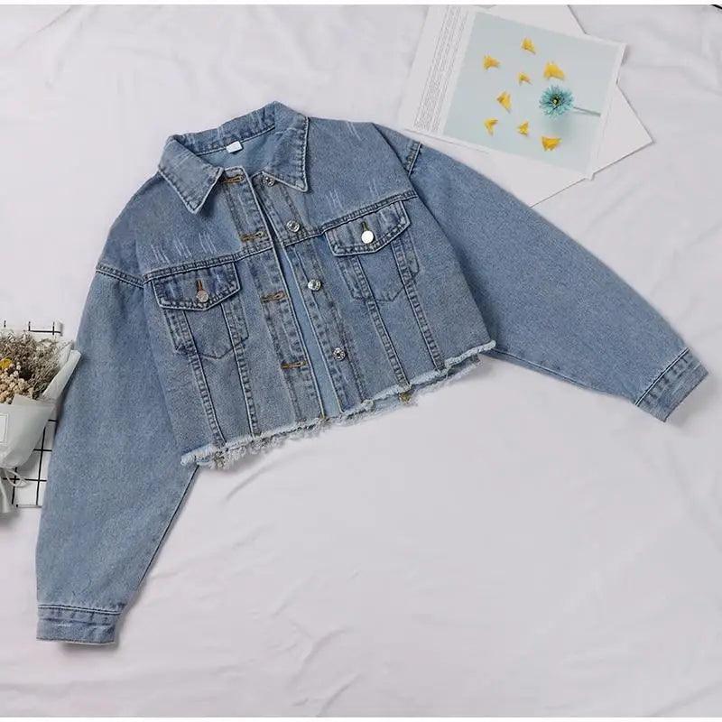Women's Denim Cropped Jacket Pockets Button Casual