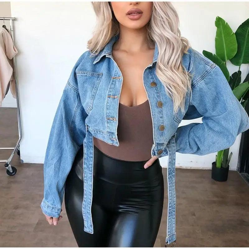 Women's Denim Cropped Jacket Pockets Button Casual