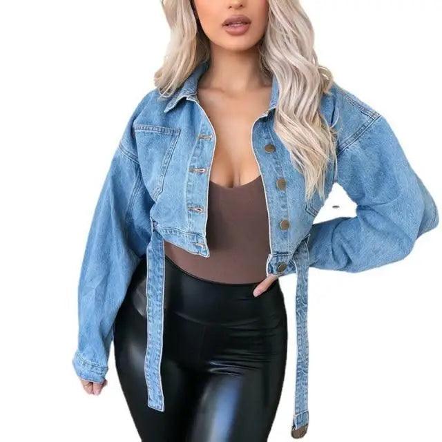 Women's Denim Cropped Jacket Pockets Button Casual