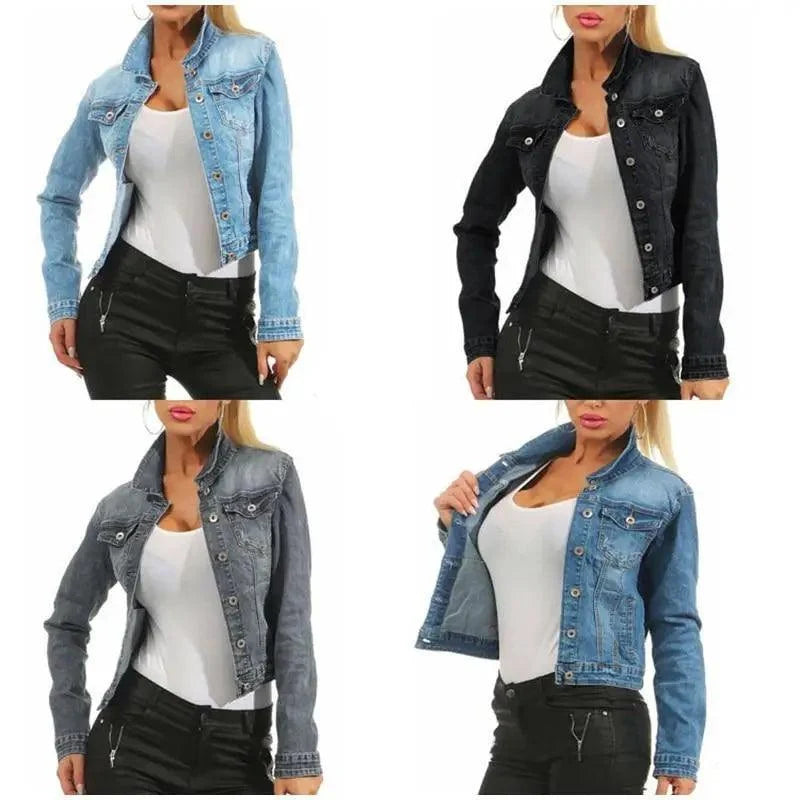 Women's Denim Cropped Jacket Pockets Button Casual