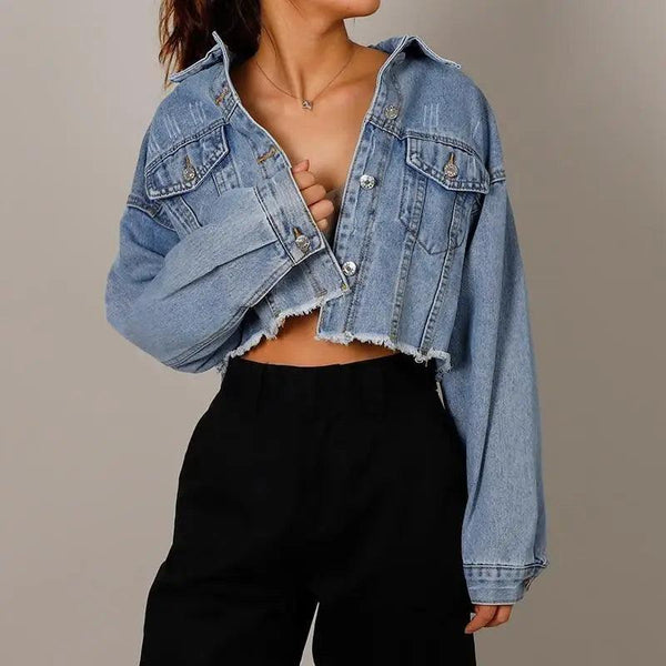 Women's Denim Cropped Jacket Pockets Button Casual