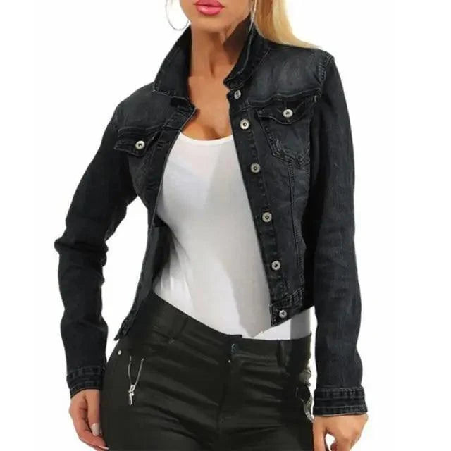 Women's Denim Cropped Jacket Pockets Button Casual