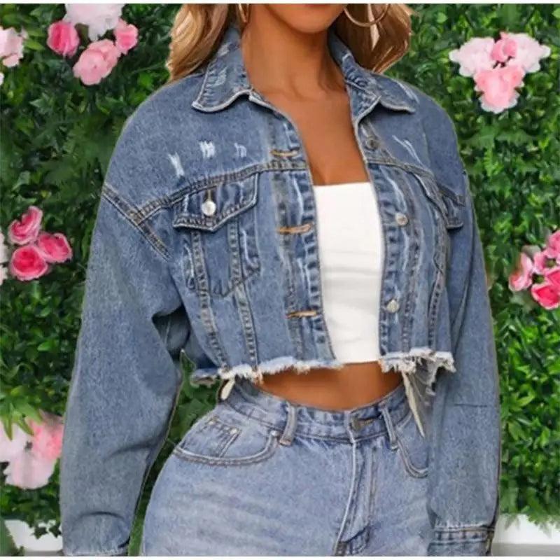 Women's Denim Cropped Jacket Pockets Button Casual