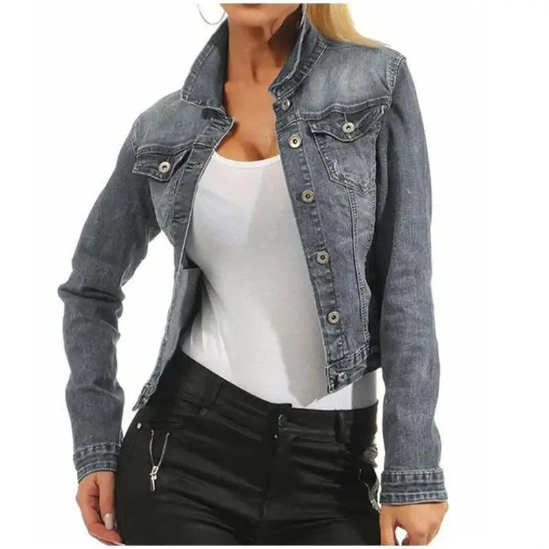 Women's Denim Cropped Jacket Pockets Button Casual