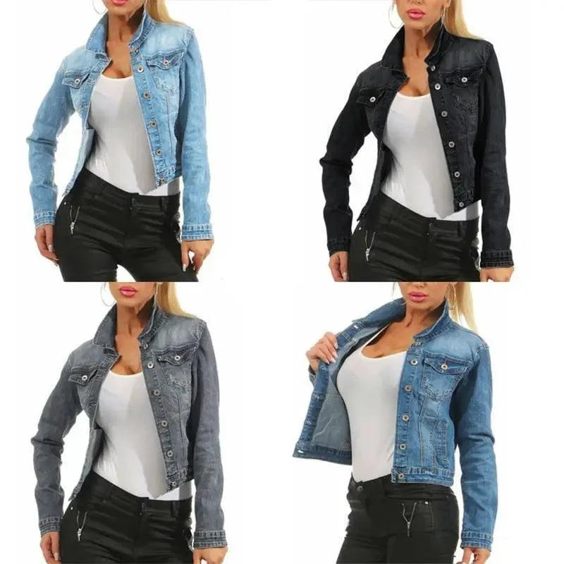 Women's Denim Cropped Jacket Pockets Button Casual
