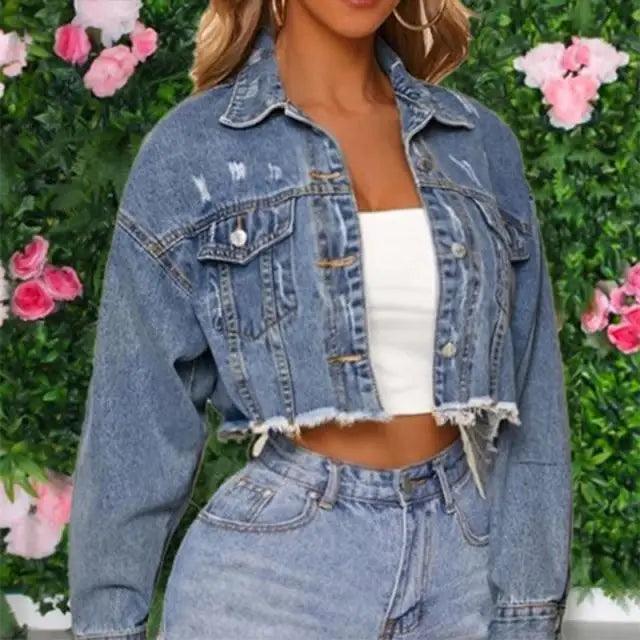 Women's Denim Cropped Jacket Pockets Button Casual