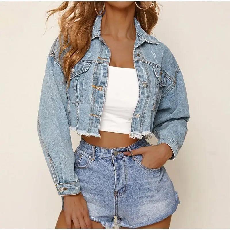 Women's Denim Cropped Jacket Pockets Button Casual