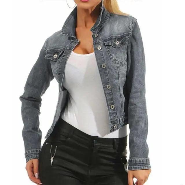 Women's Denim Cropped Jacket Pockets Button Casual