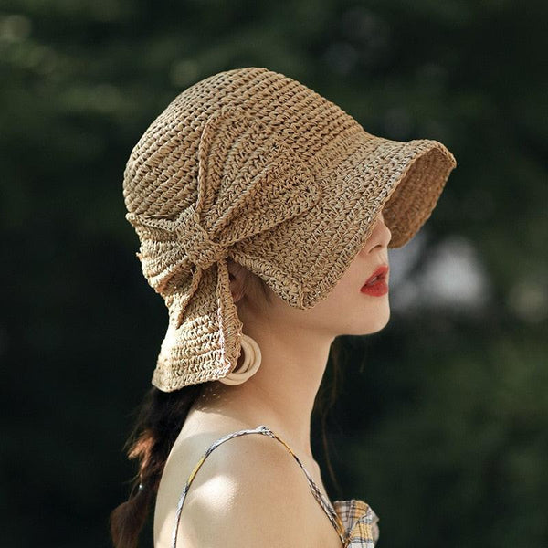 Women's Bow Wide Brim Foldable Straw Summer Hat
