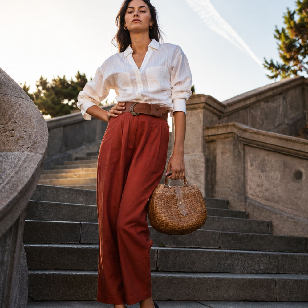 A woman stands on outdoor stone stairs wearing a white striped button-up shirt, rust-colored wide-leg trousers with a brown belt, and carrying a woven brown handbag.